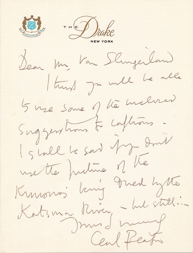 Item #4877 Cecil Beaton. Two Autograph Letters Signed, with descriptions for Look magazine photographs, and one typescript unsigned. CECIL BEATON.