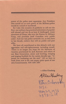 Item #4878 Allen Ginsberg Ephemera. Speech for 1974 National Book Award, Printed and Signed....
