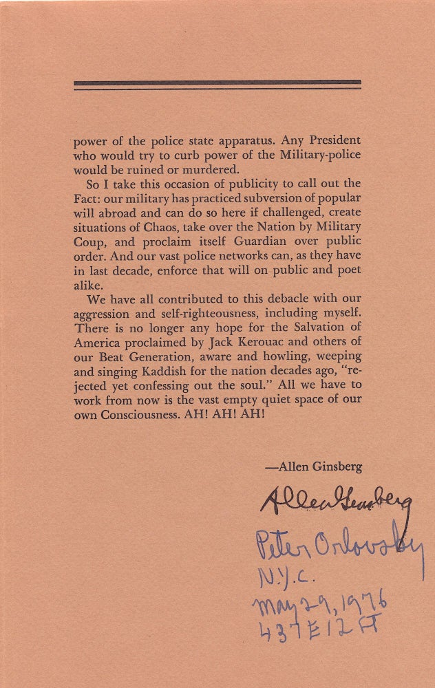 Item #4878 Allen Ginsberg Ephemera. Speech for 1974 National Book Award, Printed and Signed. ALLEN GINSBERG.