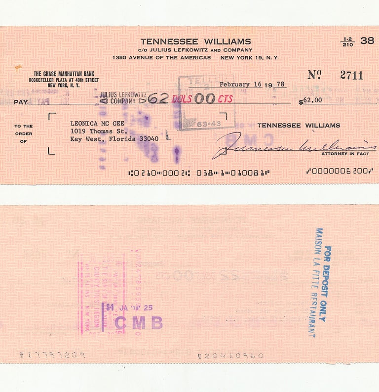 Item #4893 Tennessee Williams Group of Signed Checks for the year 1978. Thomas Lanier Williams III TENNESSEE WILLIAMS.