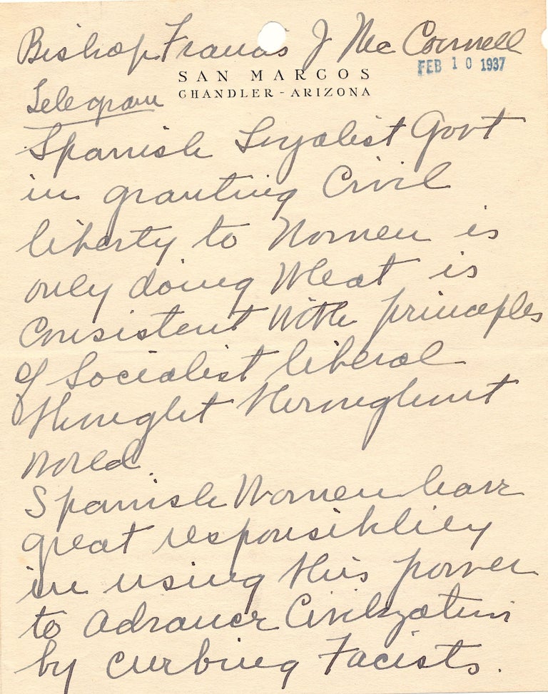 Item #4919 Sanger Discusses the Rights of Spanish Women During the Spanish Civil War in an Autograph Letter Signed. MARGARET SANGER.