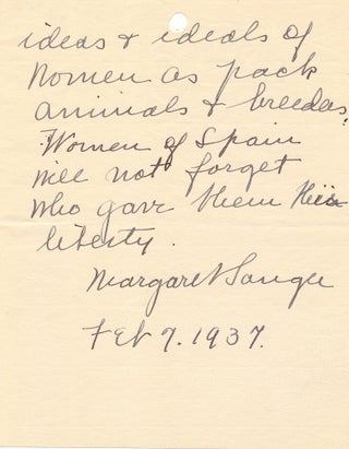 Sanger Discusses the Rights of Spanish Women During the Spanish Civil War in an Autograph Letter Signed.