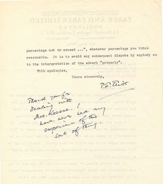 Item #4920 T. S. Eliot discusses theatrical contracts in a Typed Letter Signed with hand written...