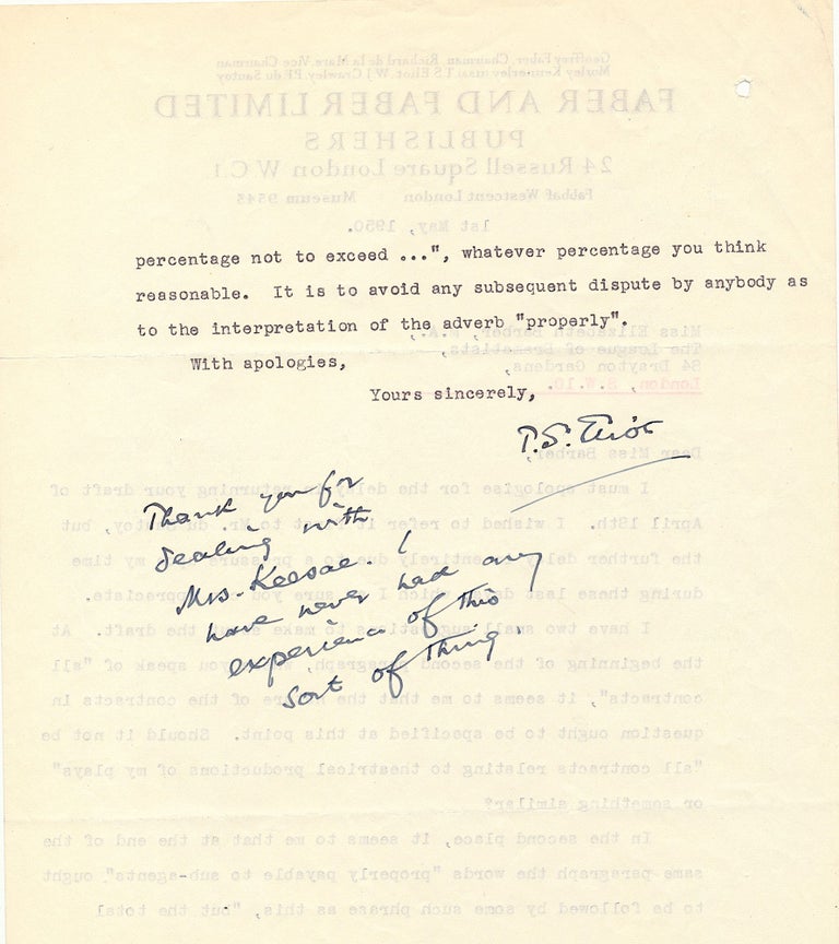 Item #4920 T. S. Eliot discusses theatrical contracts in a Typed Letter Signed with hand written note, 1950. T. S. ELIOT.