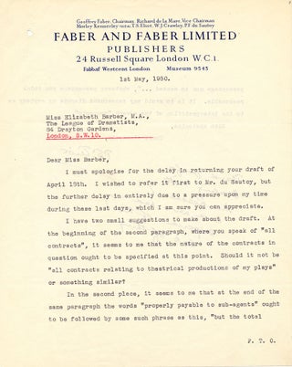 T. S. Eliot discusses theatrical contracts in a Typed Letter Signed with hand written note, 1950.