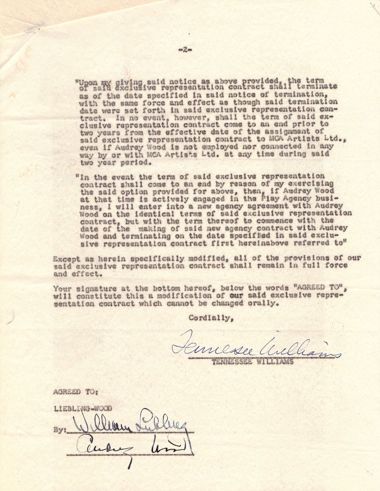 Item #4923 Tennessee Williams Exclusive Representation Contract. Thomas Lanier Williams III TENNESSEE WILLIAMS.