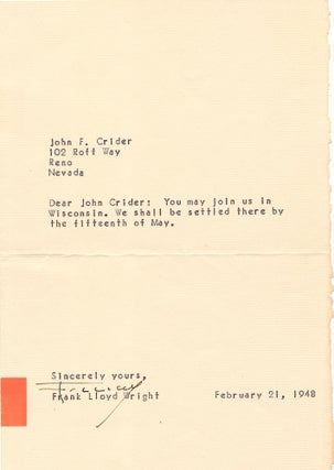 Typed Letter Signed on red emblematic Taliesin stationery, 8vo, postmarked Scottsdale, AZ, FRANK LLOYD WRIGHT.