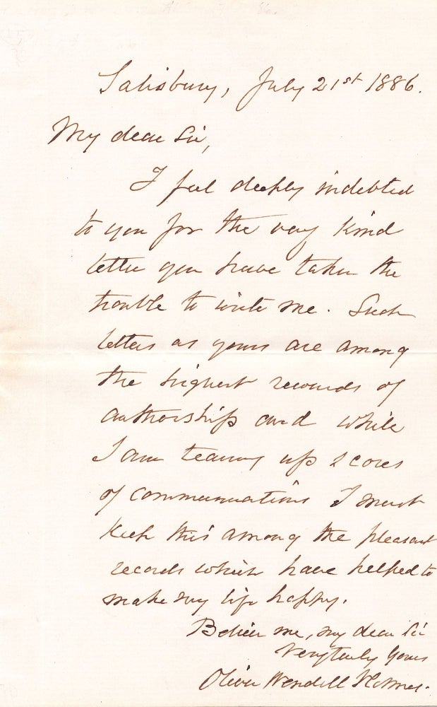Item #4928 Holmes Autograph Letter Signed to British physician. OLIVER WENDELL HOLMES Sr.