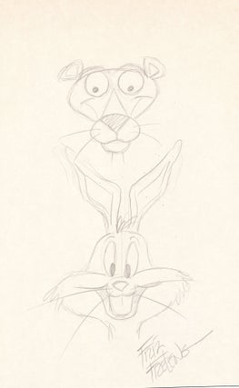 Item #4950 Bugs Bunny and the Pink Panther Sketched together in graphite, Signed. FRIZ FRELENG