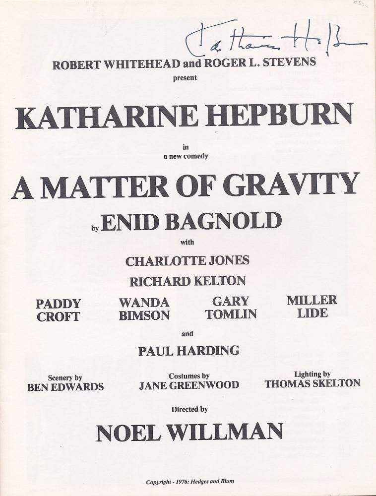 Item #638 Presentation program for "A Matter of Gravity" by Enid Bagnold, NY, 1976. KATHARINE HEPBURN.