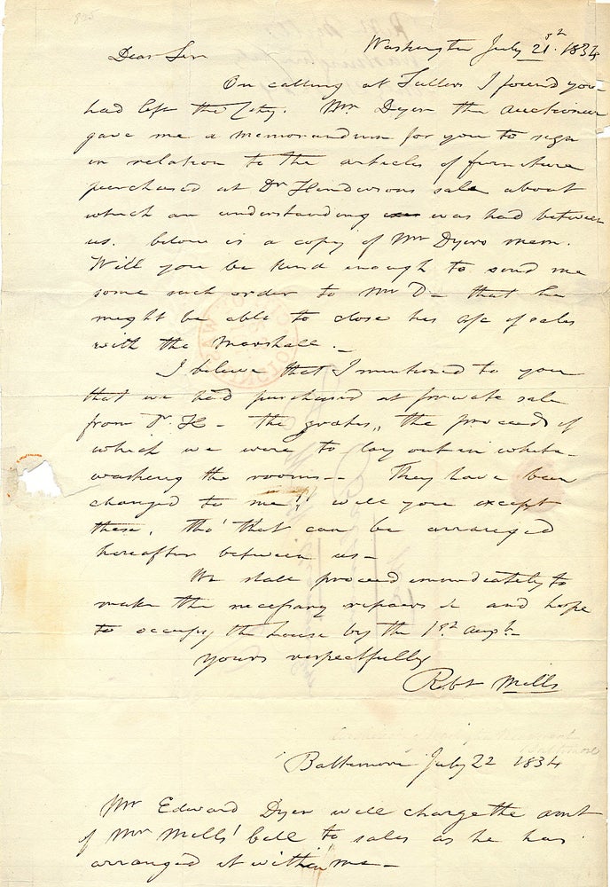 Item #859 Robert Mills Scarce Autograph Letter Signed, 1834. ROBERT MILLS.