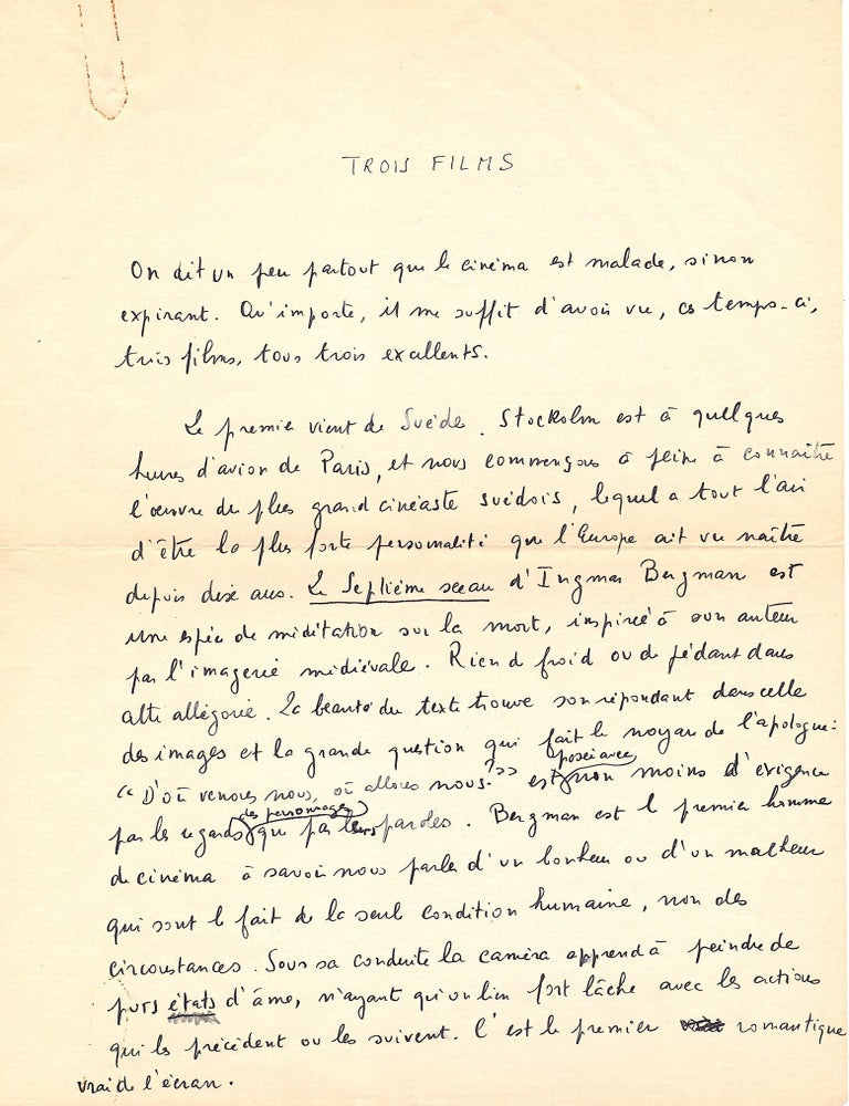 Item #4947 "Three Films." Manuscript Film Essay Signed. ERIC ROHMER.