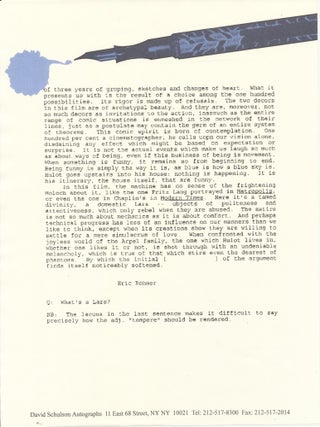 "Three Films." Manuscript Film Essay Signed